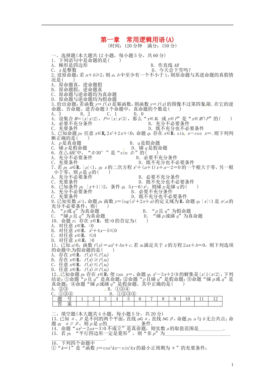 高中数学 第一章 常用逻辑用语单元检测（A）（含解析）北师大版选修1-1-北师大版高二选修1-1数学试题_第1页