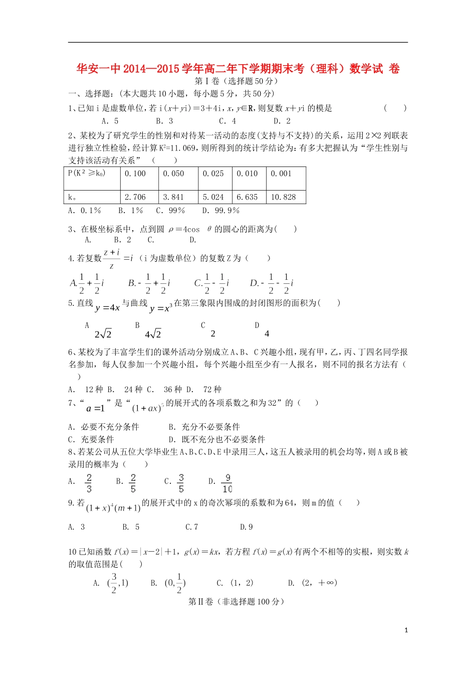 福建省华安一中高二数学下学期期末考试试卷 理-人教版高二全册数学试题_第1页
