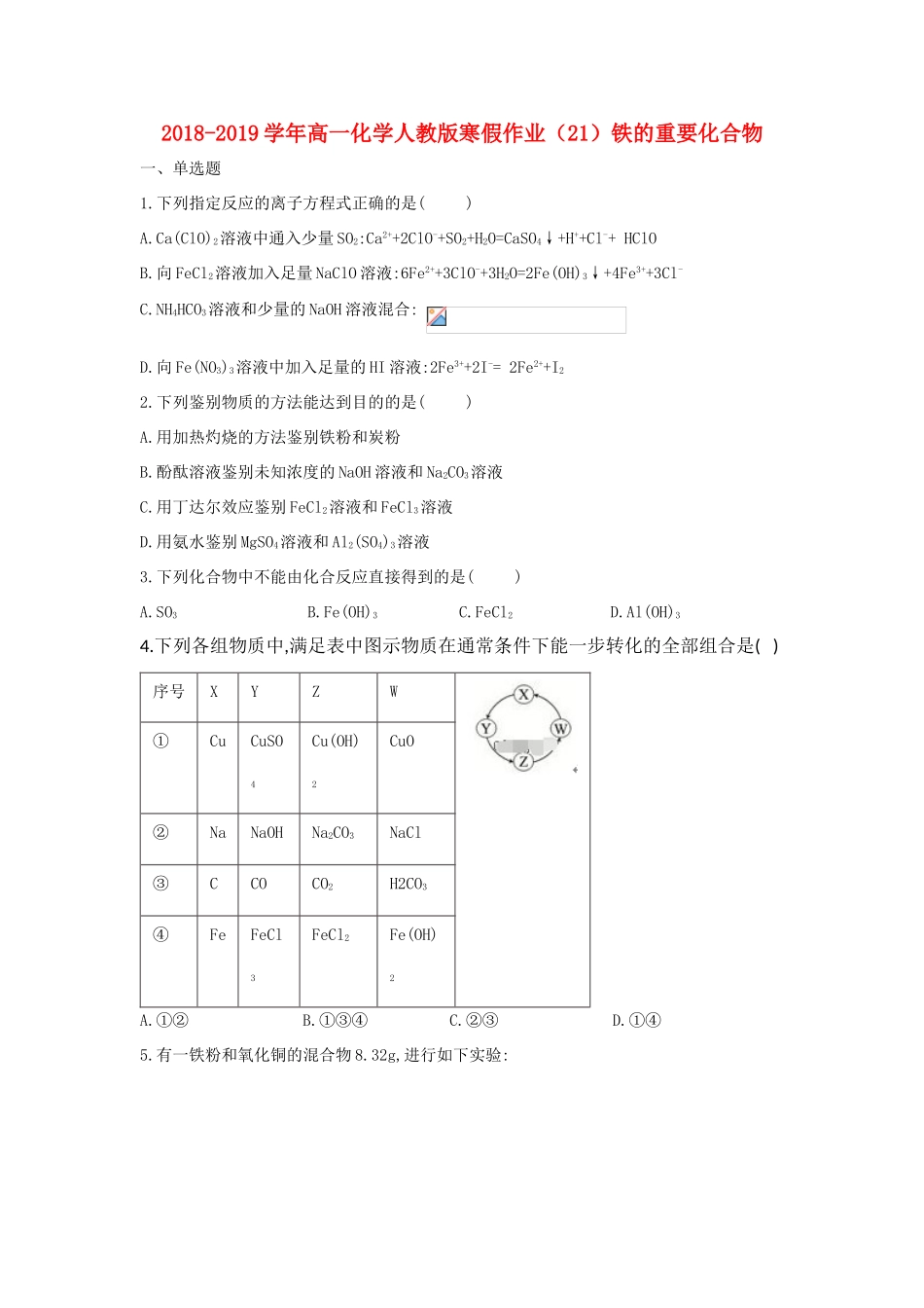 高一化学寒假作业（21）铁的重要化合物（含解析）新人教版-新人教版高一全册化学试题_第1页