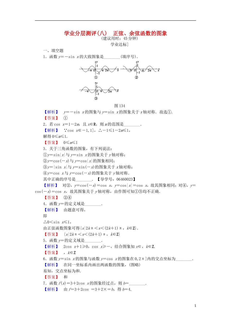 高中数学 第一章 三角函数 1.3.2.1 正弦、余弦函数的图象学业分层测评 苏教版必修4-苏教版高二必修4数学试题_第1页