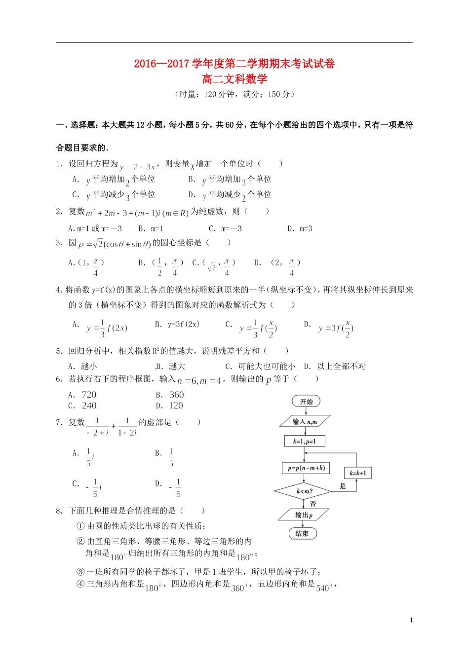 湖南省益阳市桃江县高二数学下学期期末统考试题 文-人教版高二全册数学试题_第1页