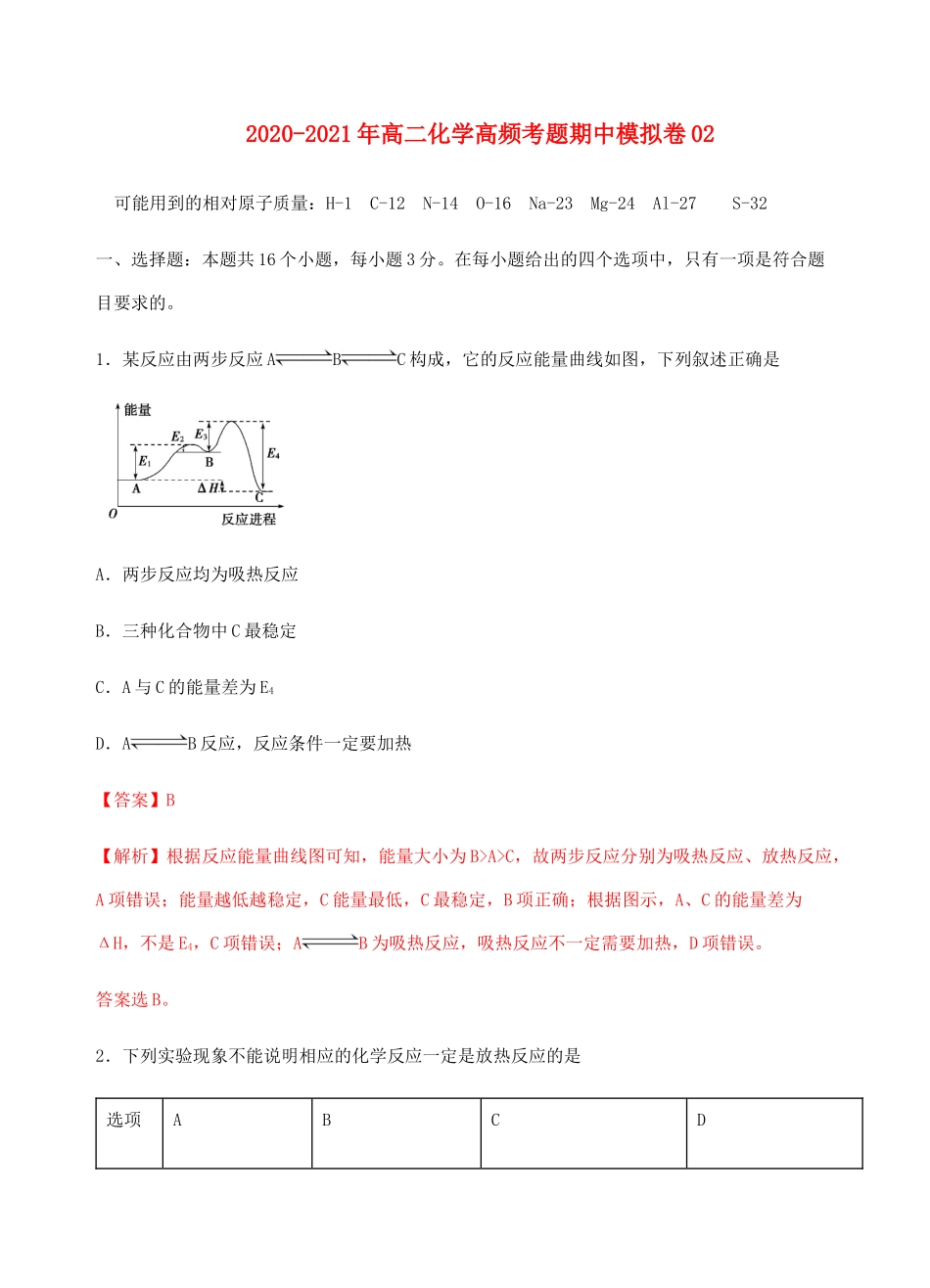 高二化学高频考题期中模拟卷02（含解析） 新人教版选择性必修1-新人教版高二选择性必修1化学试题_第1页