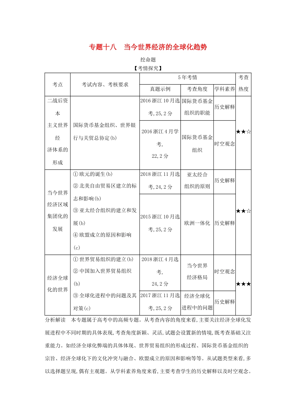 （浙江专版 ）高考历史一轮总复习 专题十八 当今世界经济的全球化趋势教师用书（含解析）-人教版高三全册历史试题_第1页