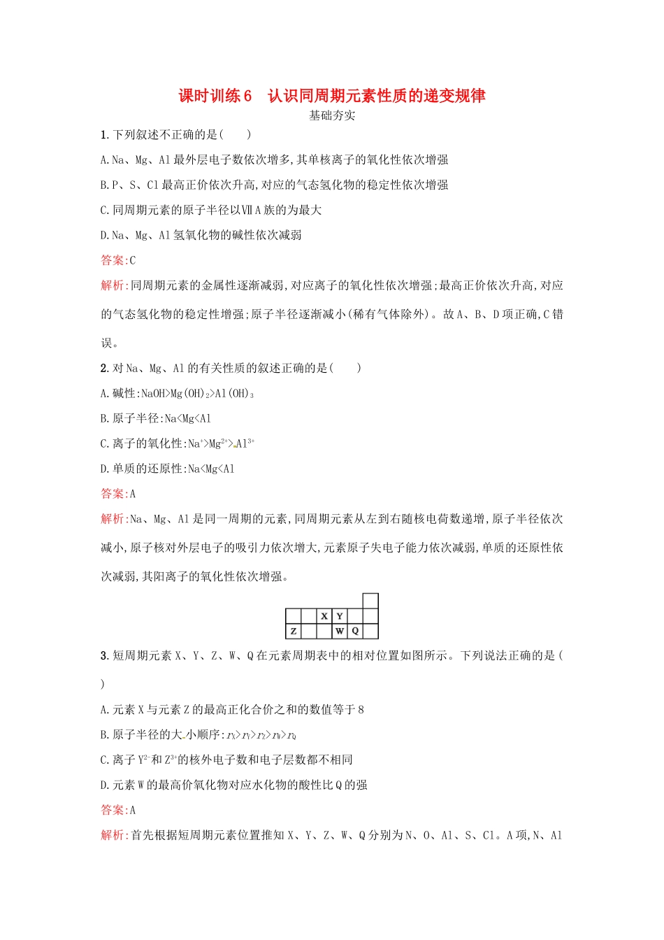 高中化学 课时训练6 认识同周期元素性质的递变规律 鲁科版必修2-鲁科版高一必修2化学试题_第1页