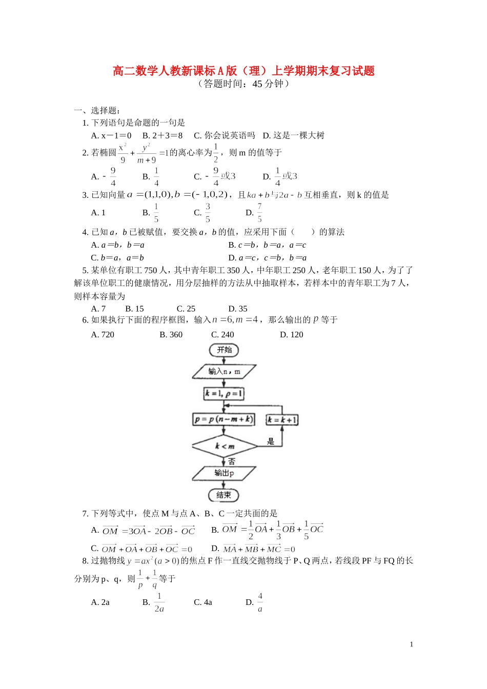 高二数学上学期期末复习试题 理 新人教A版_第1页