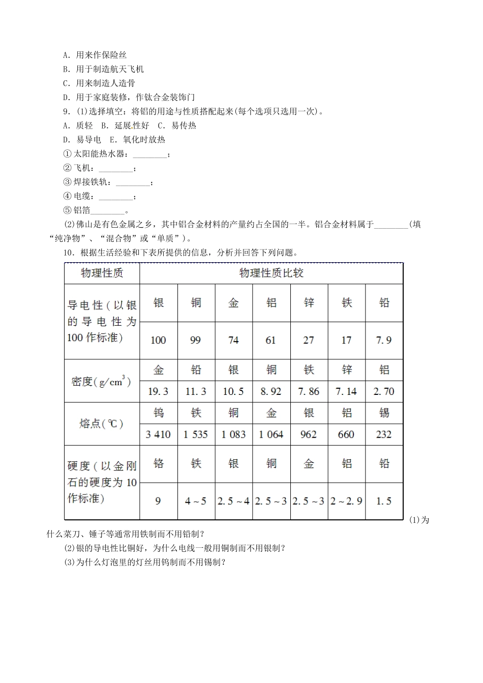 高中化学 3.3 用途广泛的金属材料课堂练习 新人教版必修1-新人教版高一必修1化学试题_第3页