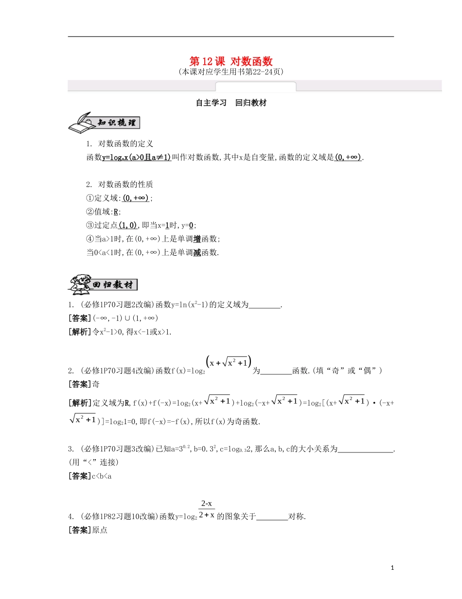 （江苏专用）高考数学大一轮复习 第二章 第12课 对数函数自主学习-人教版高三全册数学试题_第1页