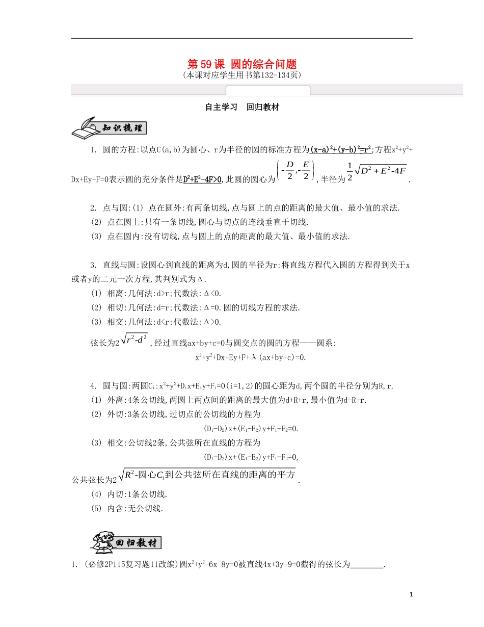 （江苏专用）高考数学大一轮复习 第十章 第59课 圆的综合问题自主学习-人教版高三全册数学试题_第1页