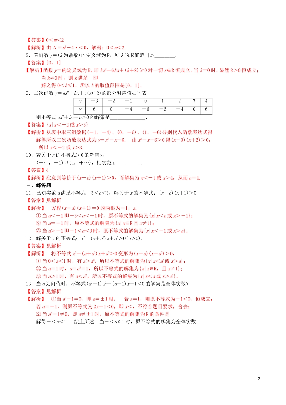 高中数学 第三章 不等式 3.2.2 一元二次不等式的解法（第2课时）练习（含解析）新人教A版必修5-新人教A版高二必修5数学试题_第2页