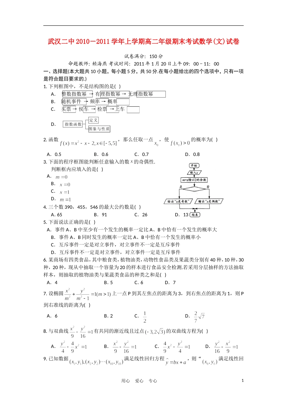 湖北武汉二中10-11学年高二数学上学期期末考试 文【会员独享】_第1页
