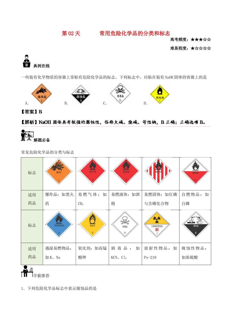 高中化学 每日一题之快乐暑假 第02天 常用危险化学品的分类和标志（含解析）新人教版-新人教版高一全册化学试题_第1页