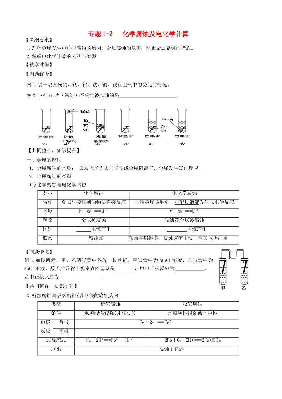 广东省雷州市高三化学一轮复习 电化学 专题1.3 金属腐蚀及电化学计算-人教版高三全册化学试题_第1页