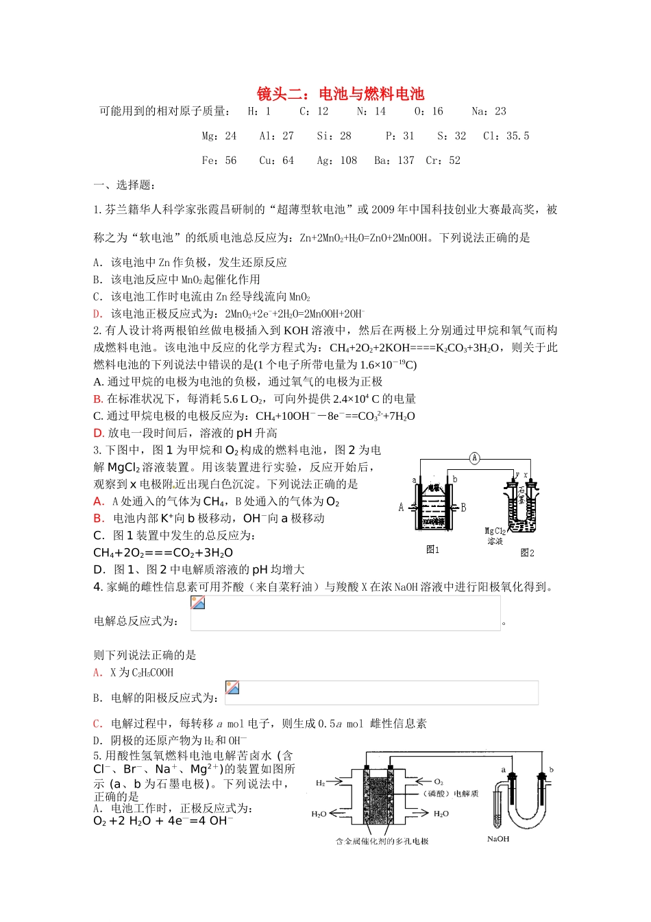 江苏省海门市三厂中学高三化学三轮 热点镜头练习系列二：电池与燃料电池_第1页