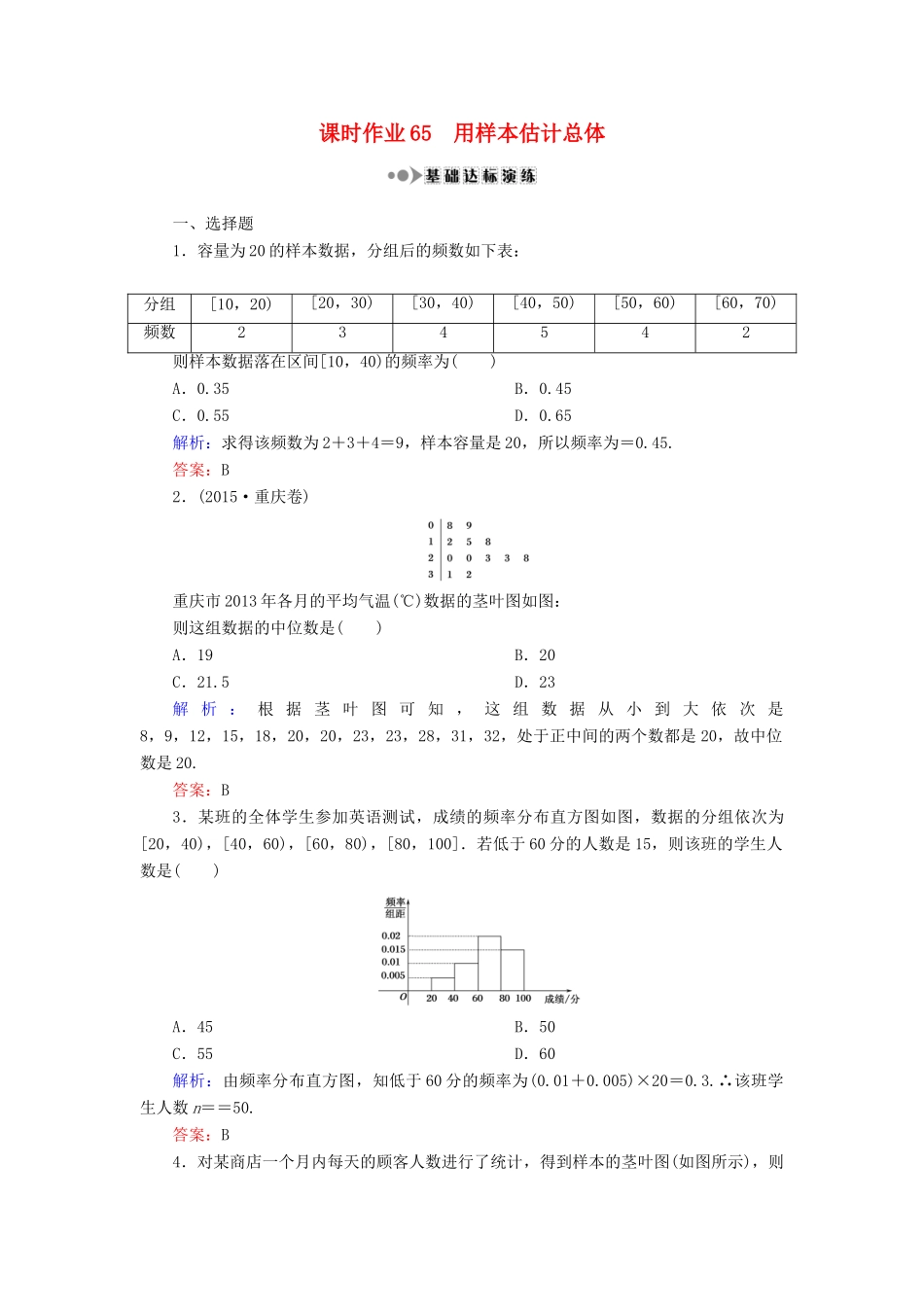 （新课标）高考数学大一轮复习 第九章 算法初步、统计与统计案例 65 用样本估计总体课时作业 理-人教版高三全册数学试题_第1页