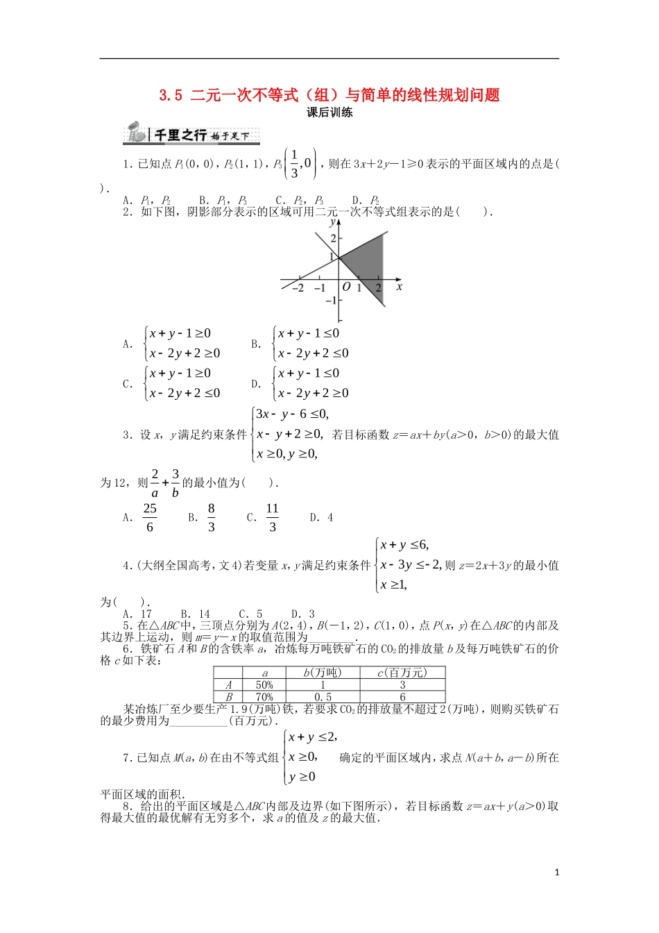 高中数学 第三章 不等式 3.5 二元一次不等式（组）与简单的线性规划问题课后训练 新人教B版必修5-新人教B版高二必修5数学试题_第1页