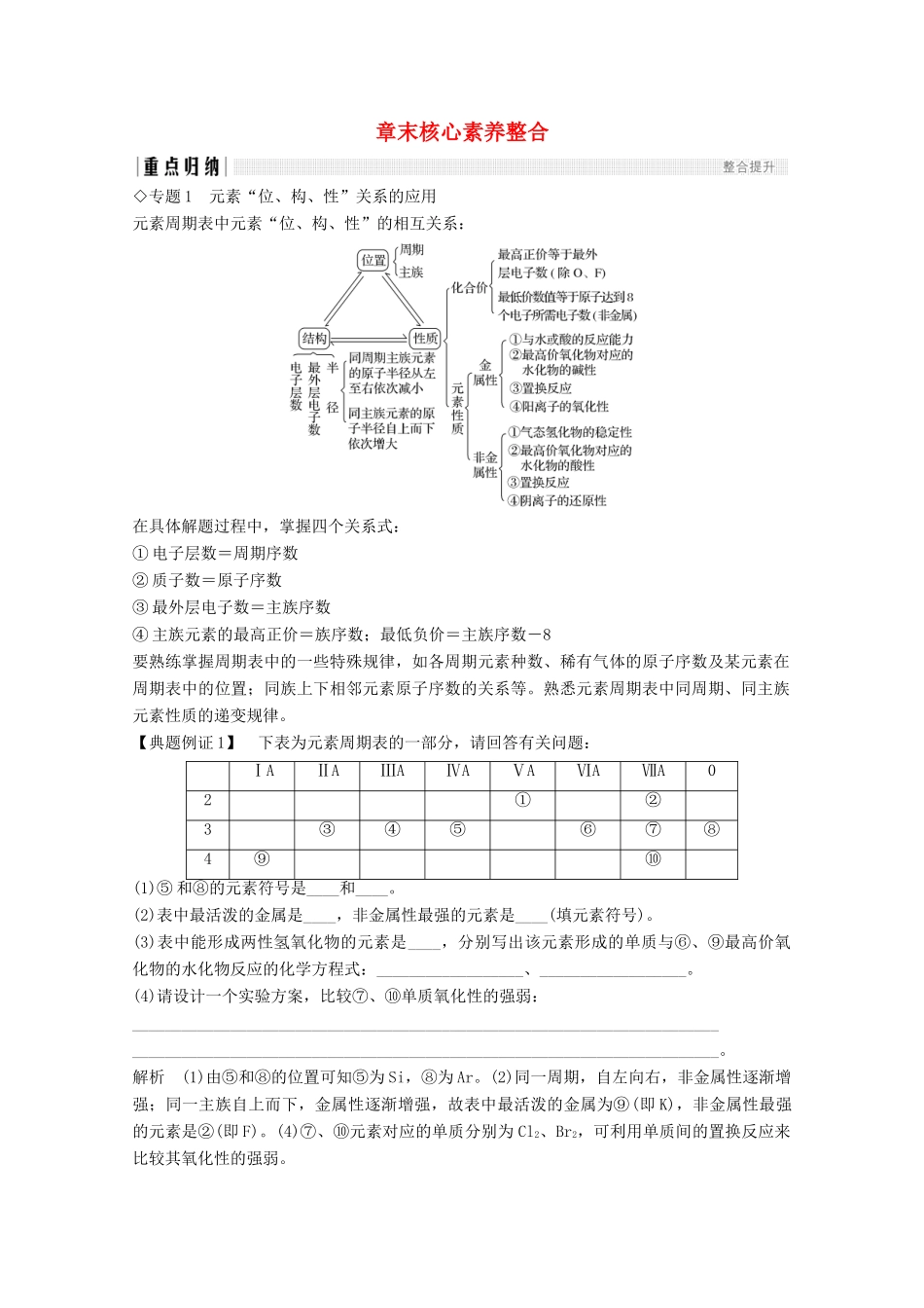 高中化学 第1章 物质结构元素周期律 章末核心素养整合（含解析）新人教版必修2-新人教版高一必修2化学试题_第1页