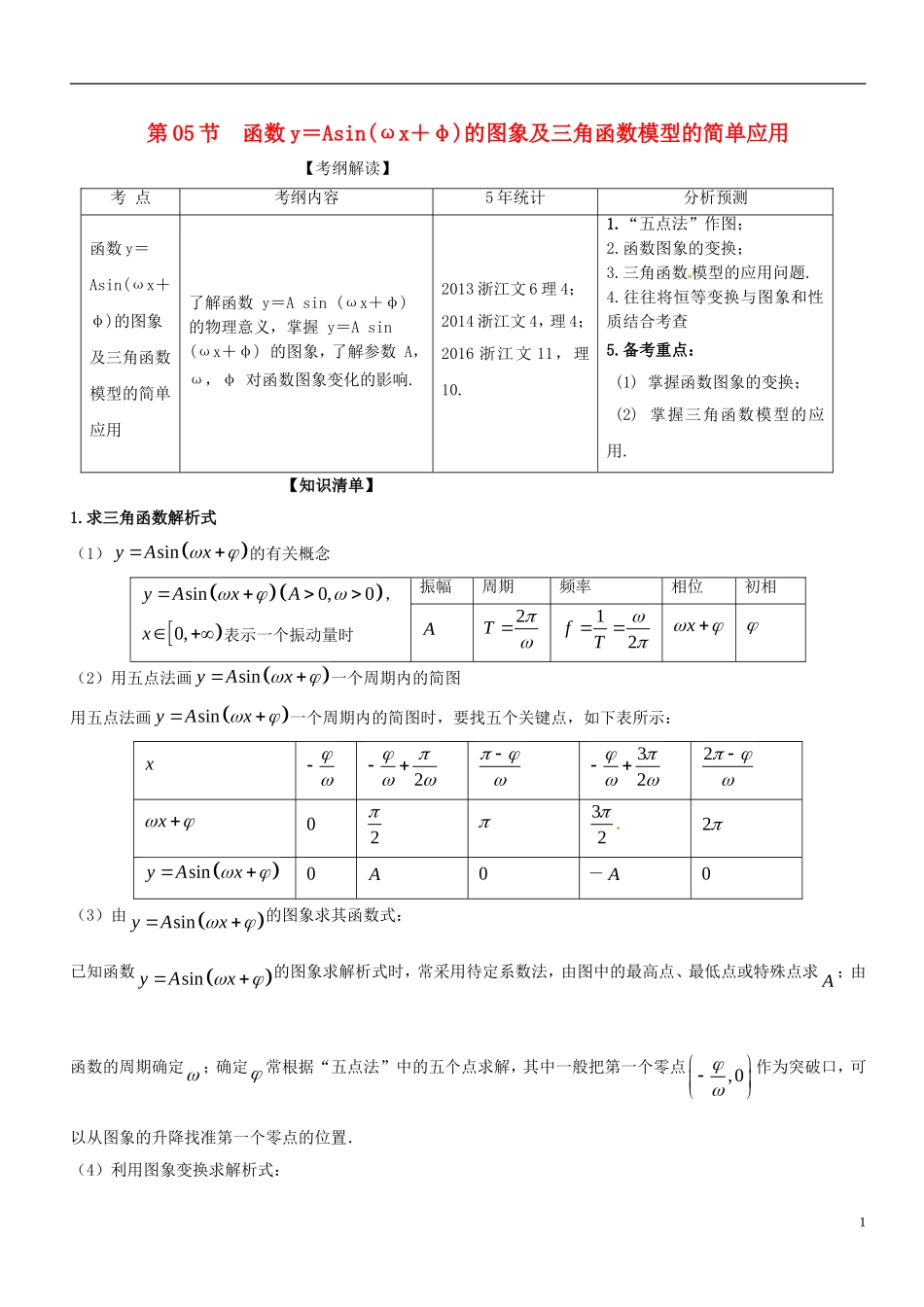 （浙江专版）高考数学一轮复习 专题4.5 函数y＝Asin（ωx＋φ）的图象及三角函数模型的简单应用（讲）-人教版高三全册数学试题_第1页
