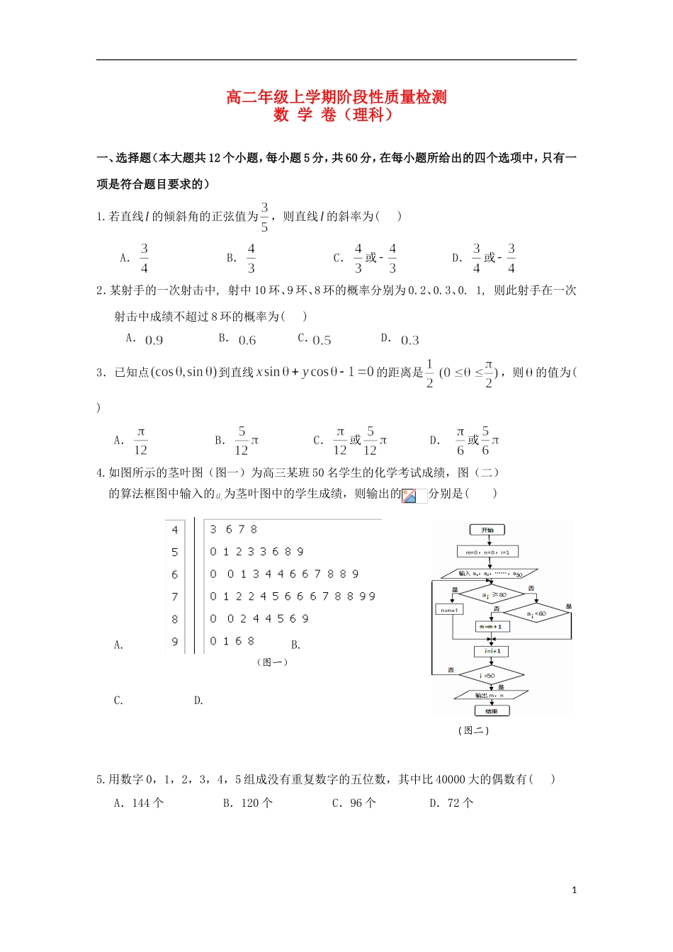 湖北省荆州市高二数学12月阶段性质量检测试题 理-人教版高二全册数学试题_第1页