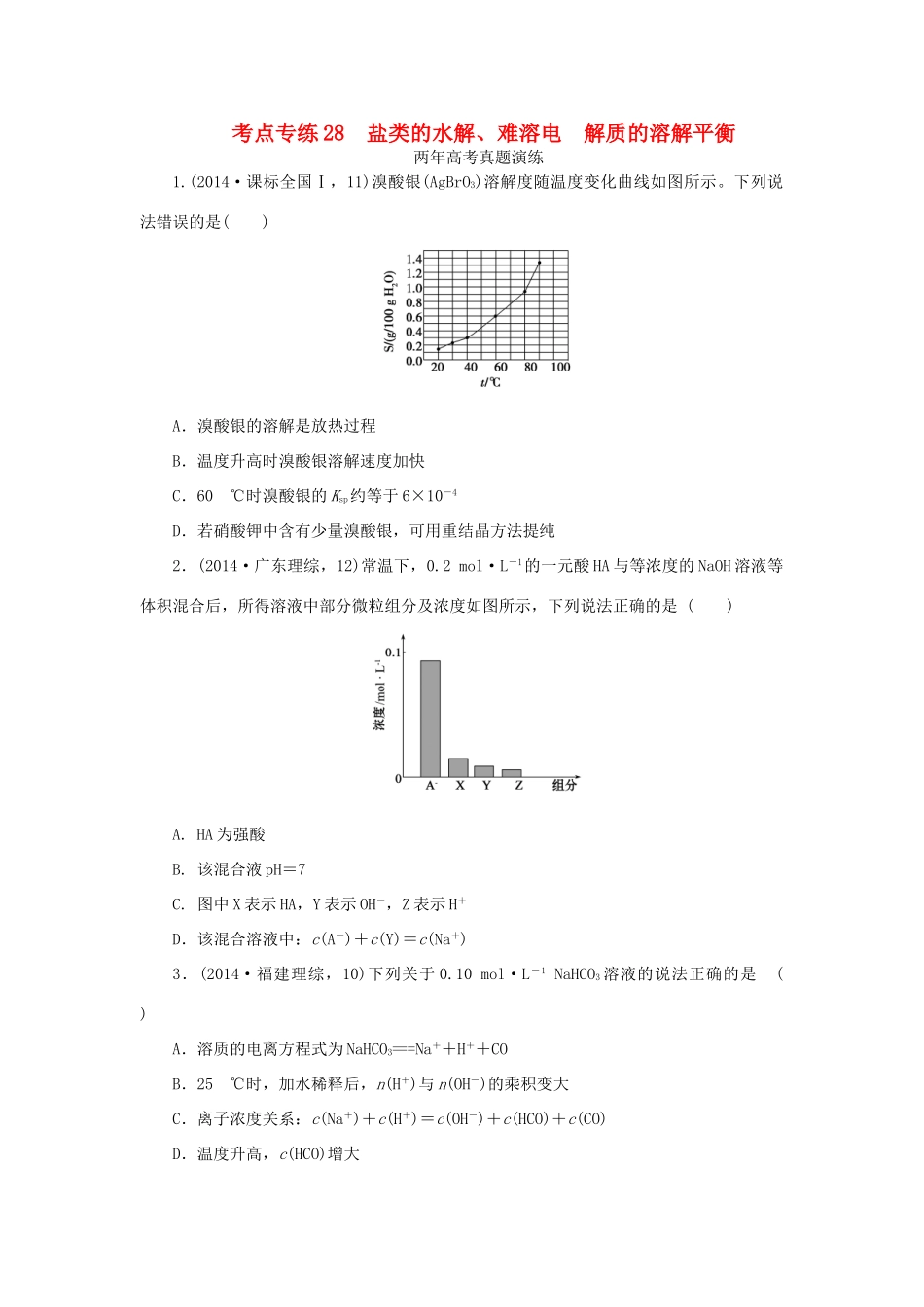 一点一练（全国通用）高考化学总复习 专题二十八 盐类的水解、难溶电 解质的溶解平衡专题演练-人教版高三全册化学试题_第1页