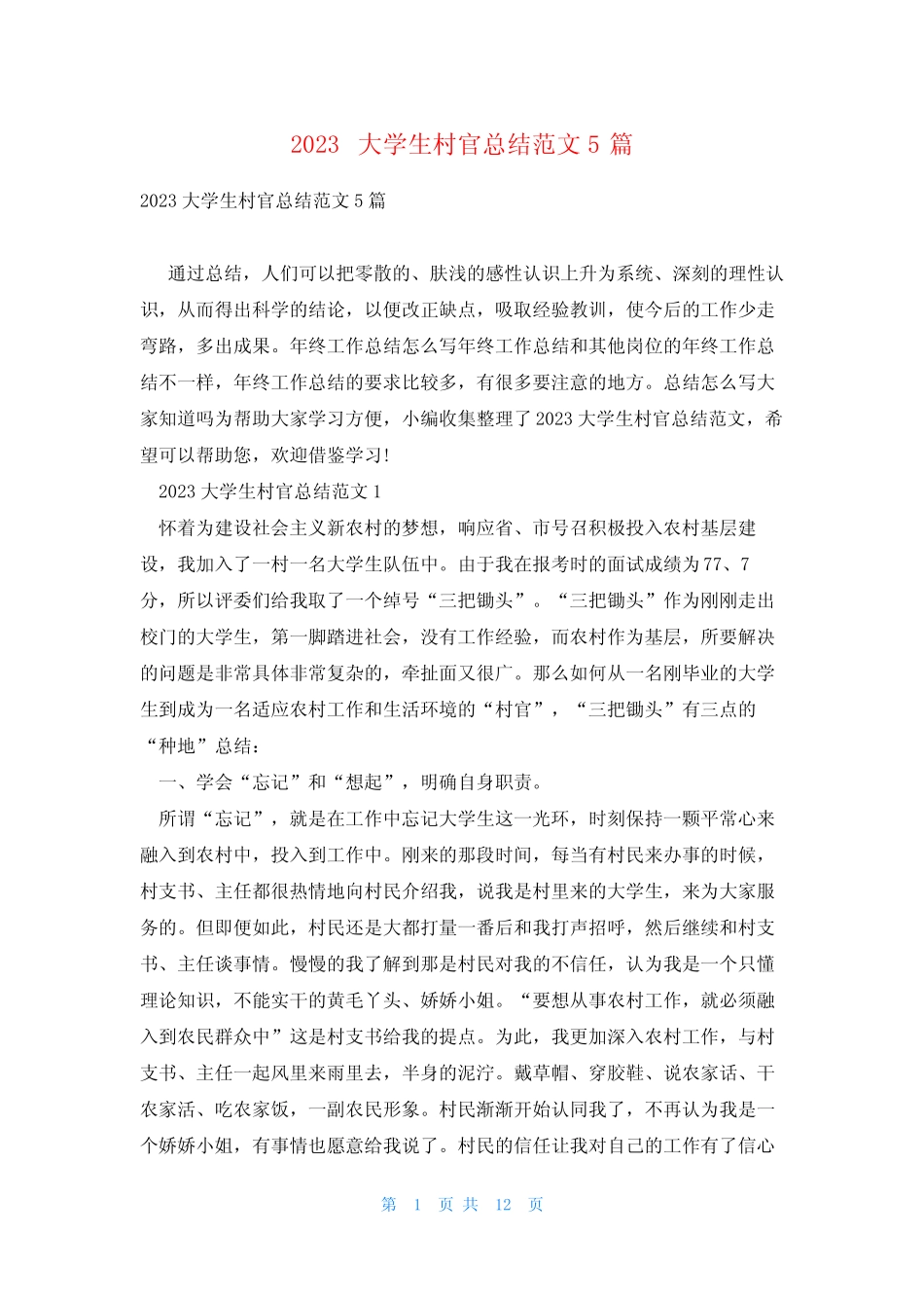 2023大学生村官总结范文5篇 _第1页