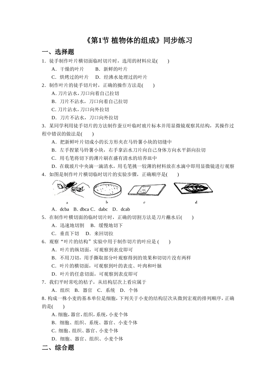 《第1节-植物体的组成》同步练习3_第1页