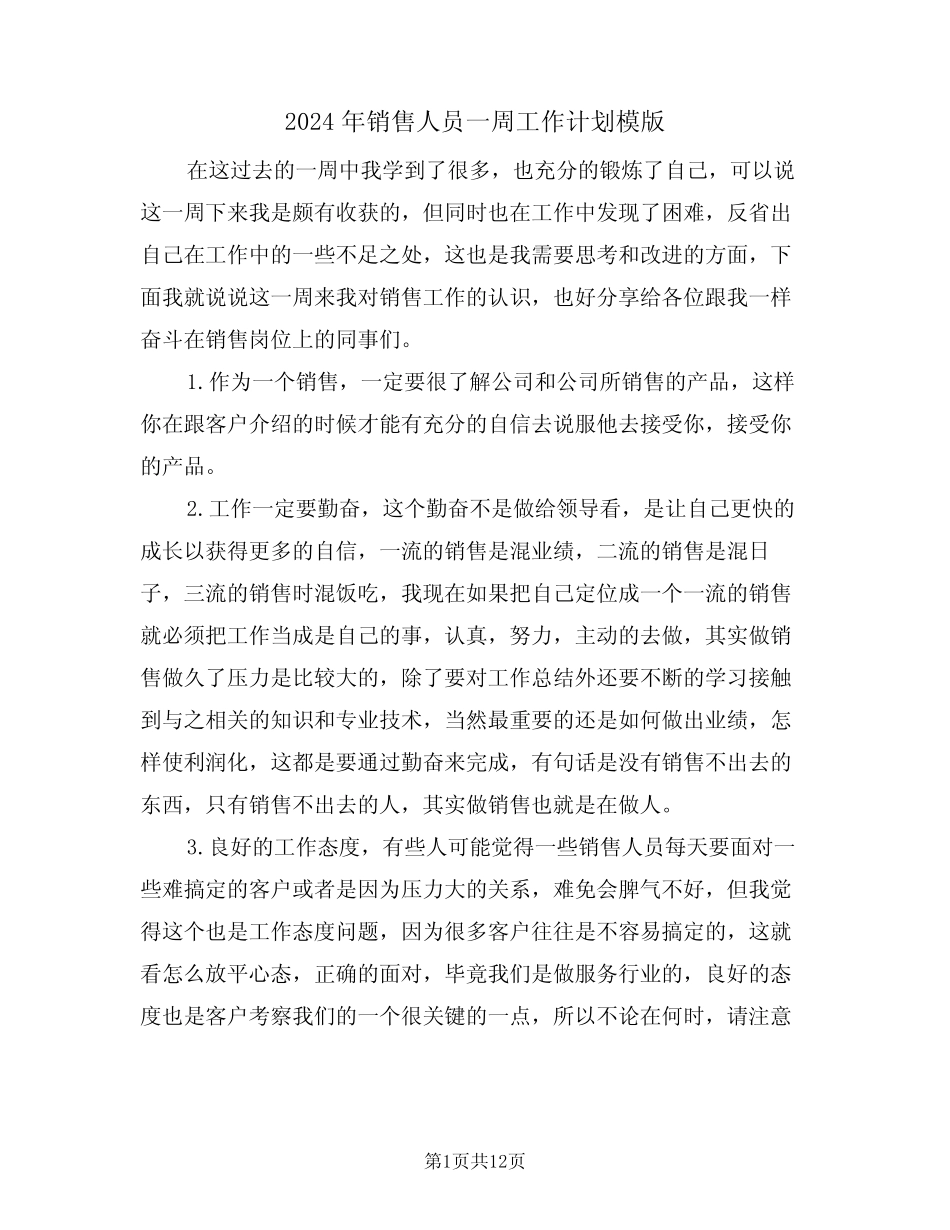 2024年销售人员一周工作计划模版(三篇) _第1页