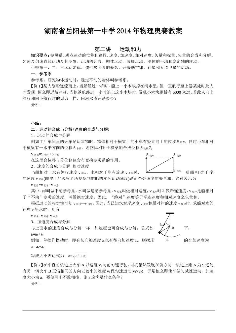 湖南省岳阳县第一中学2014年物理奥赛教案+第二讲+运动和力_第1页