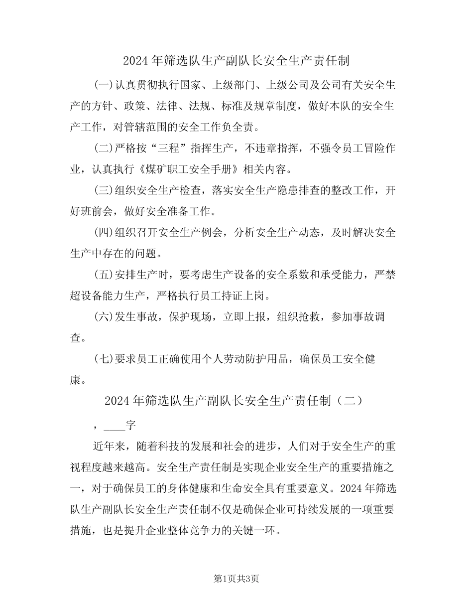 2024年筛选队生产副队长安全生产责任制(二篇) _第1页