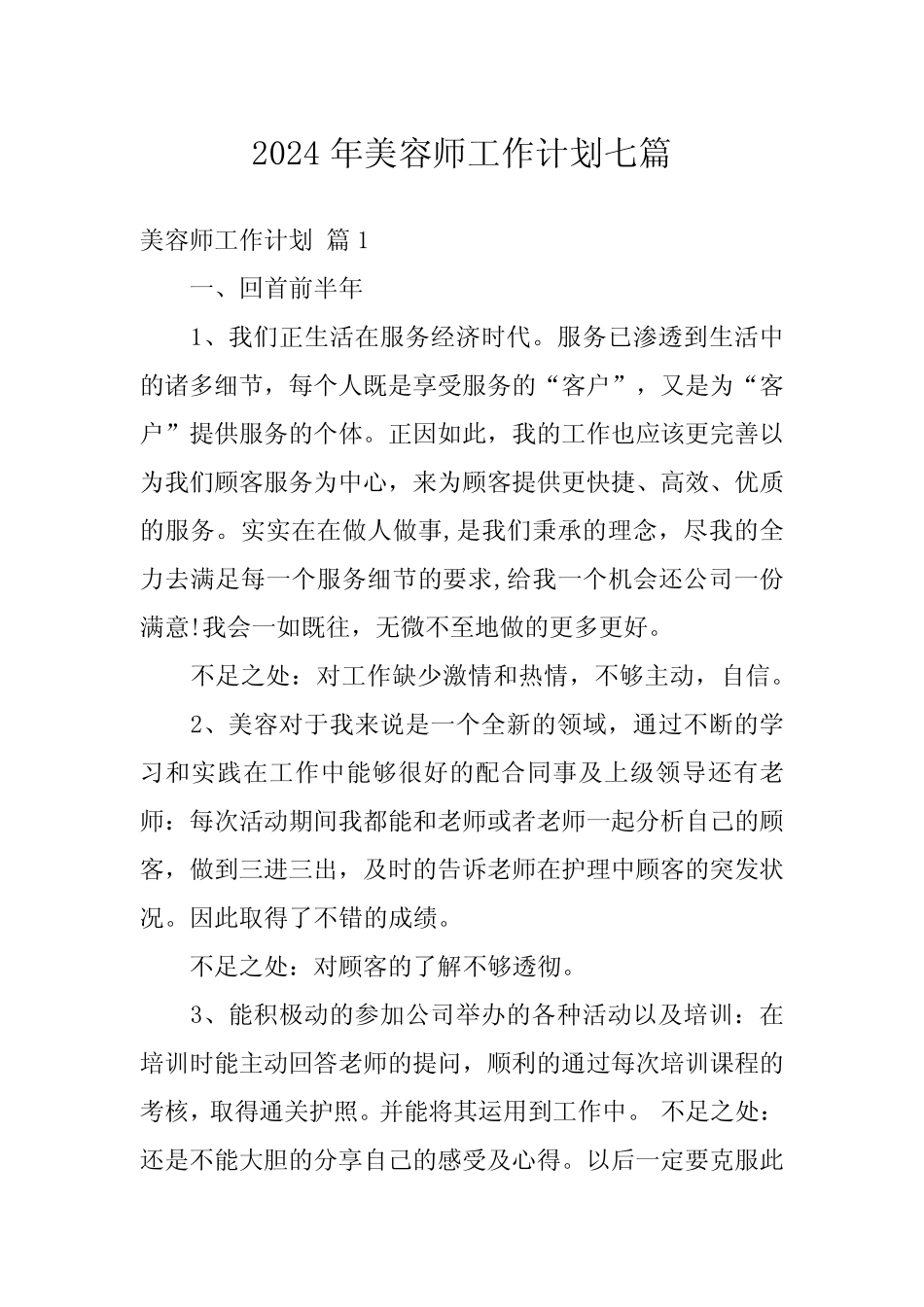 2024年美容师工作计划七 _第1页