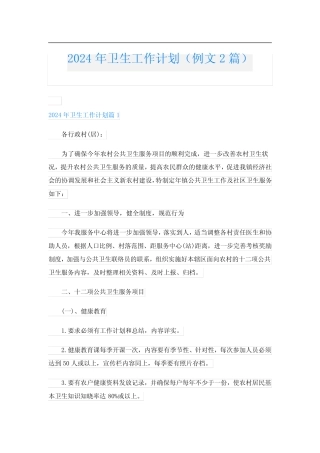 2024年卫生工作计划(例文2)