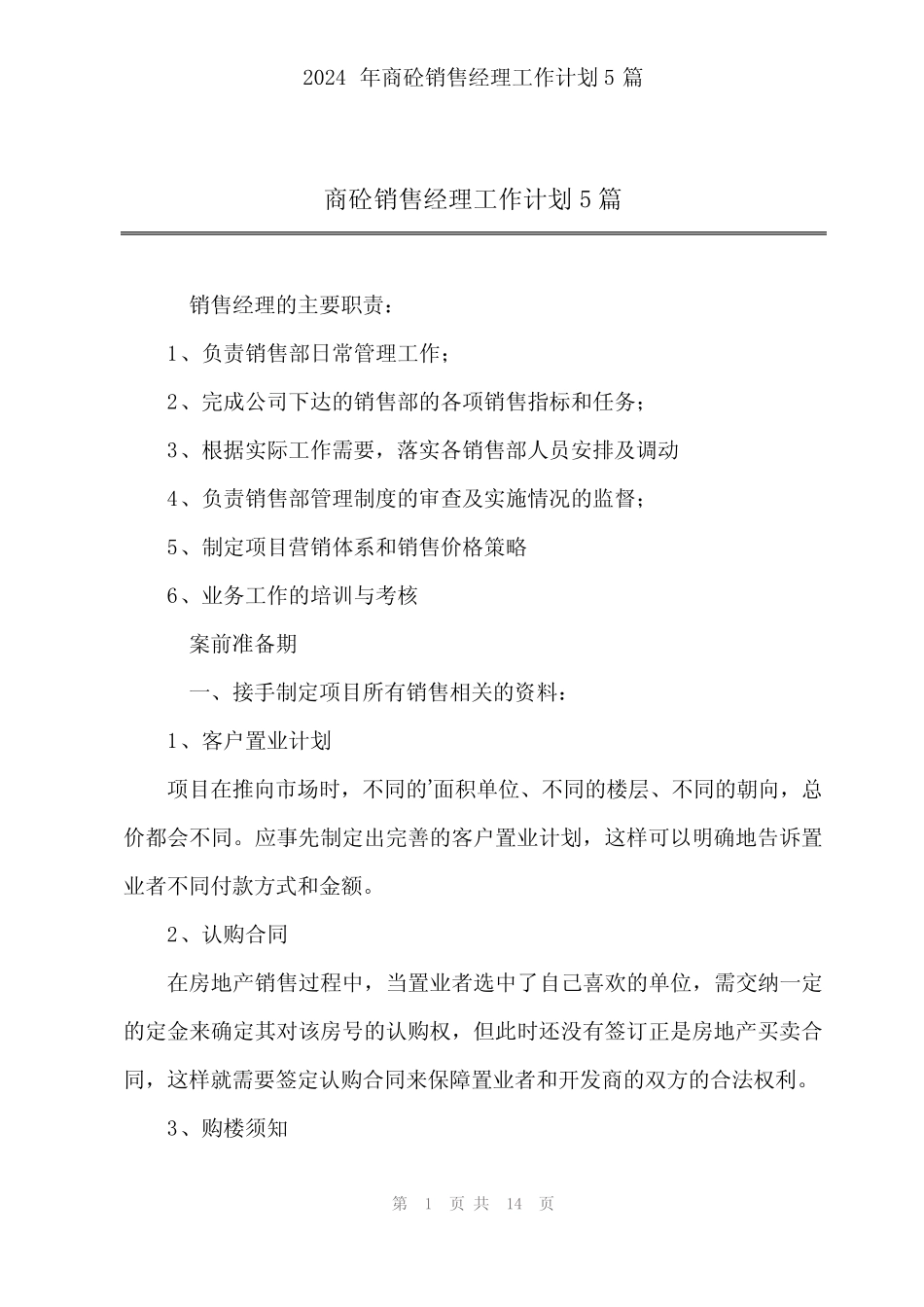 2024年商砼销售经理工作计划5篇 _第1页