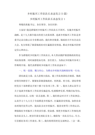 (3篇)乡村振兴工作队队长表态发言 