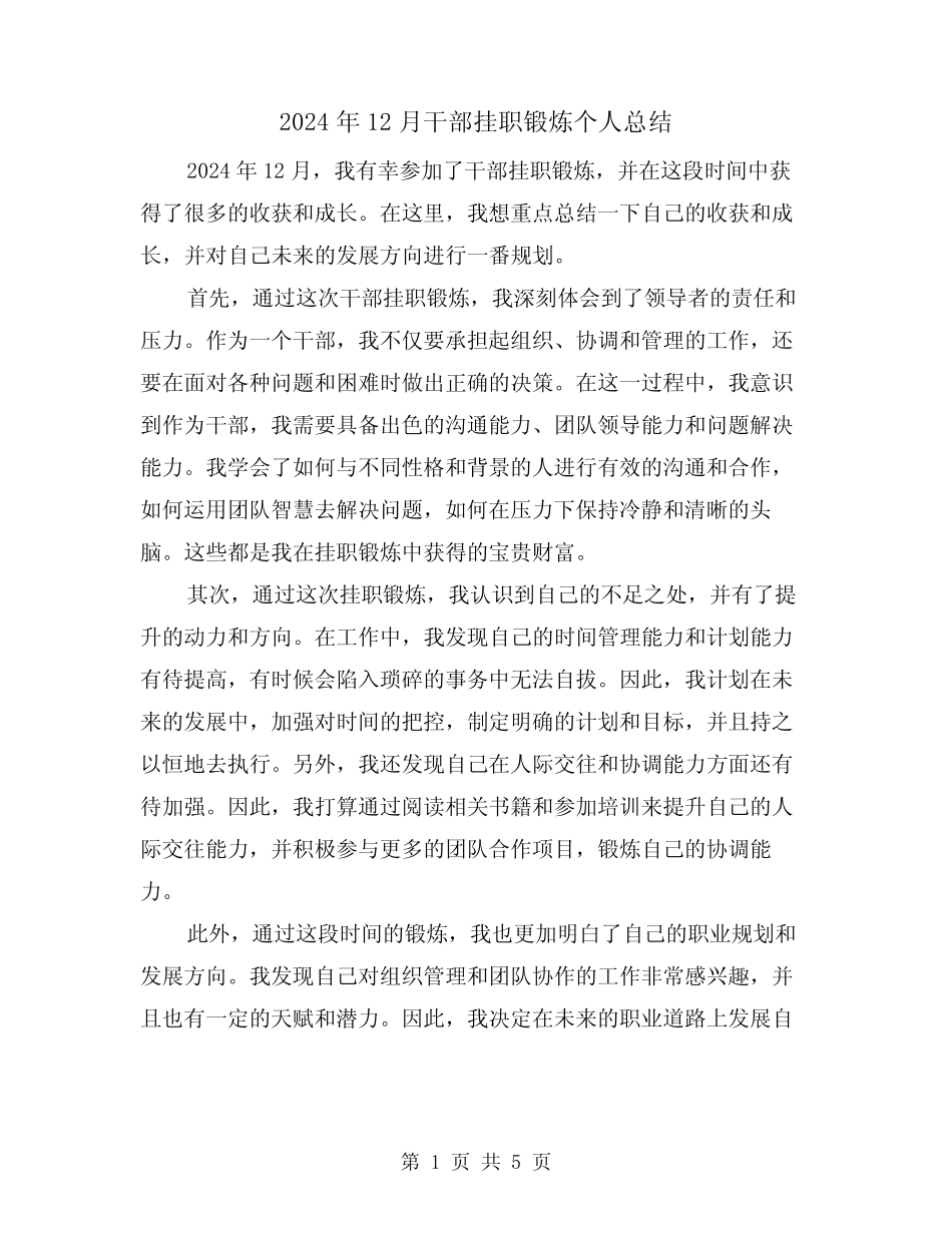 2024年12月干部挂职锻炼个人总结(2篇) _第1页