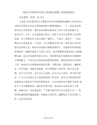 2024年领导在中层干部岗位竞聘上的讲话例文(二) 