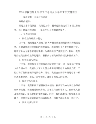 2024年税政处上半年工作总结及下半年工作安排范文(2)