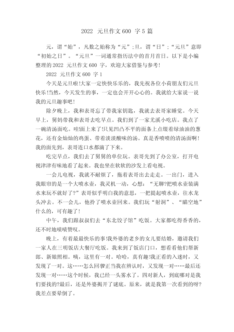 2022元旦作文600字5篇 _第1页