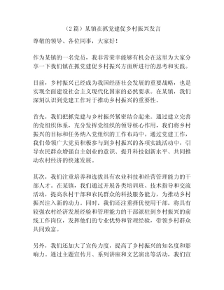(2篇)某镇在抓党建促乡村振兴发言 