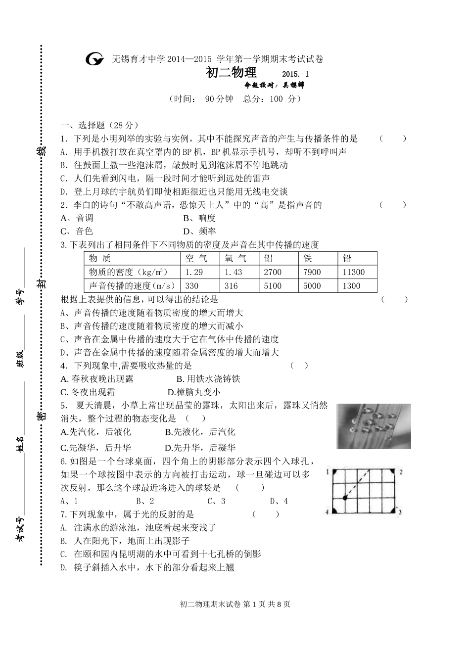 江苏省无锡市育才中学2014-2015学年第一学期期末考试八年级物理(含答案)_第1页