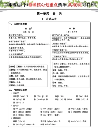 二下每课核心划重点清单：共40页囊括所有的考点