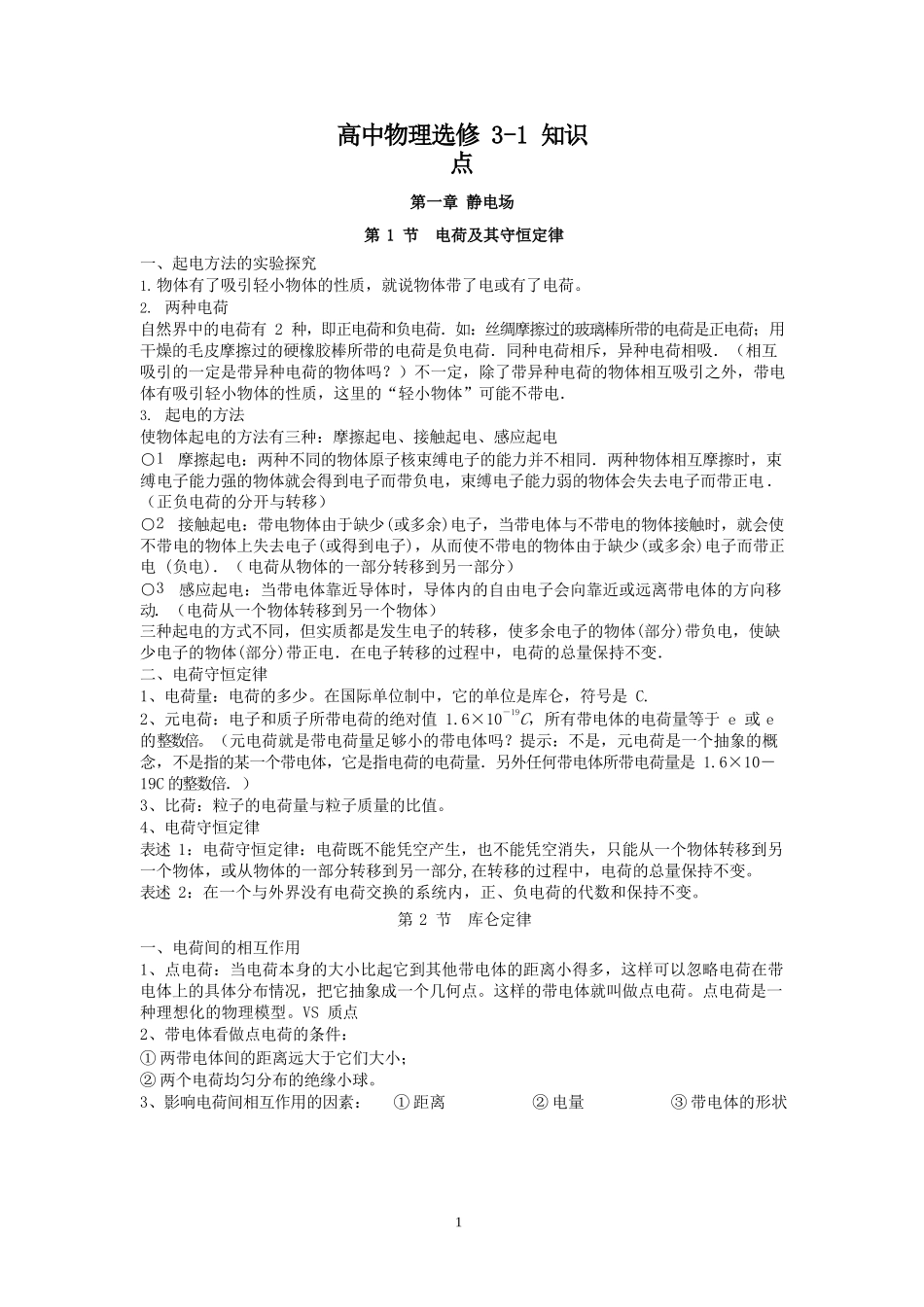 高中物理选修3-1知识清单_第1页