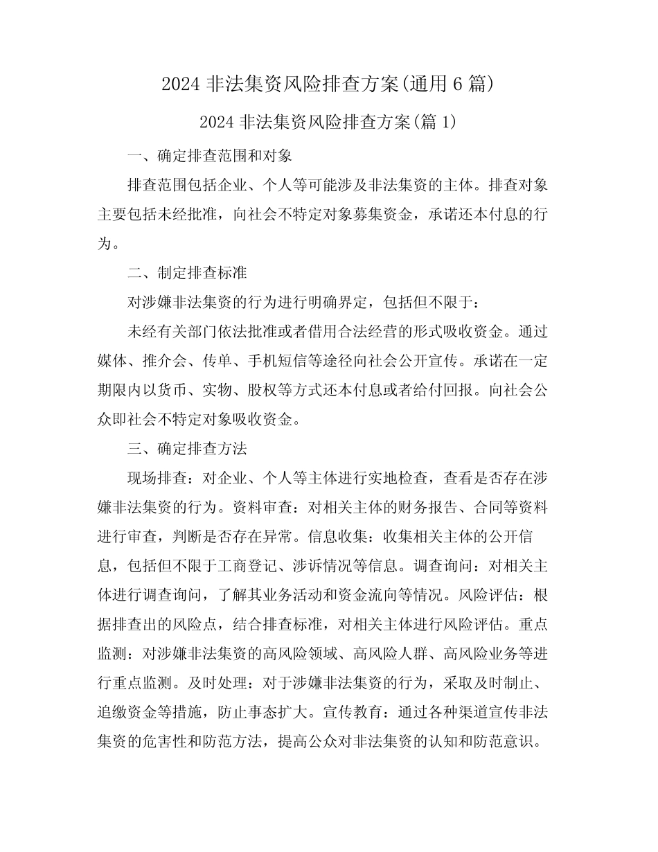 2024非法集资风险排查方案(真题6篇)_第1页