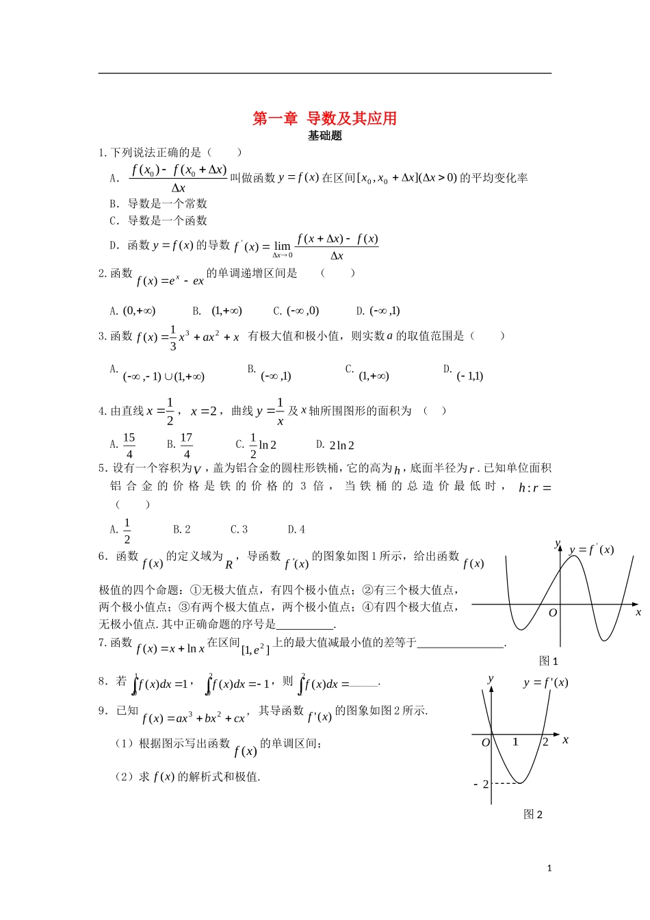 高中数学 第一章 导数及其应用梯度训练 新人教A版选修2-2-新人教A版高二选修2-2数学试题_第1页