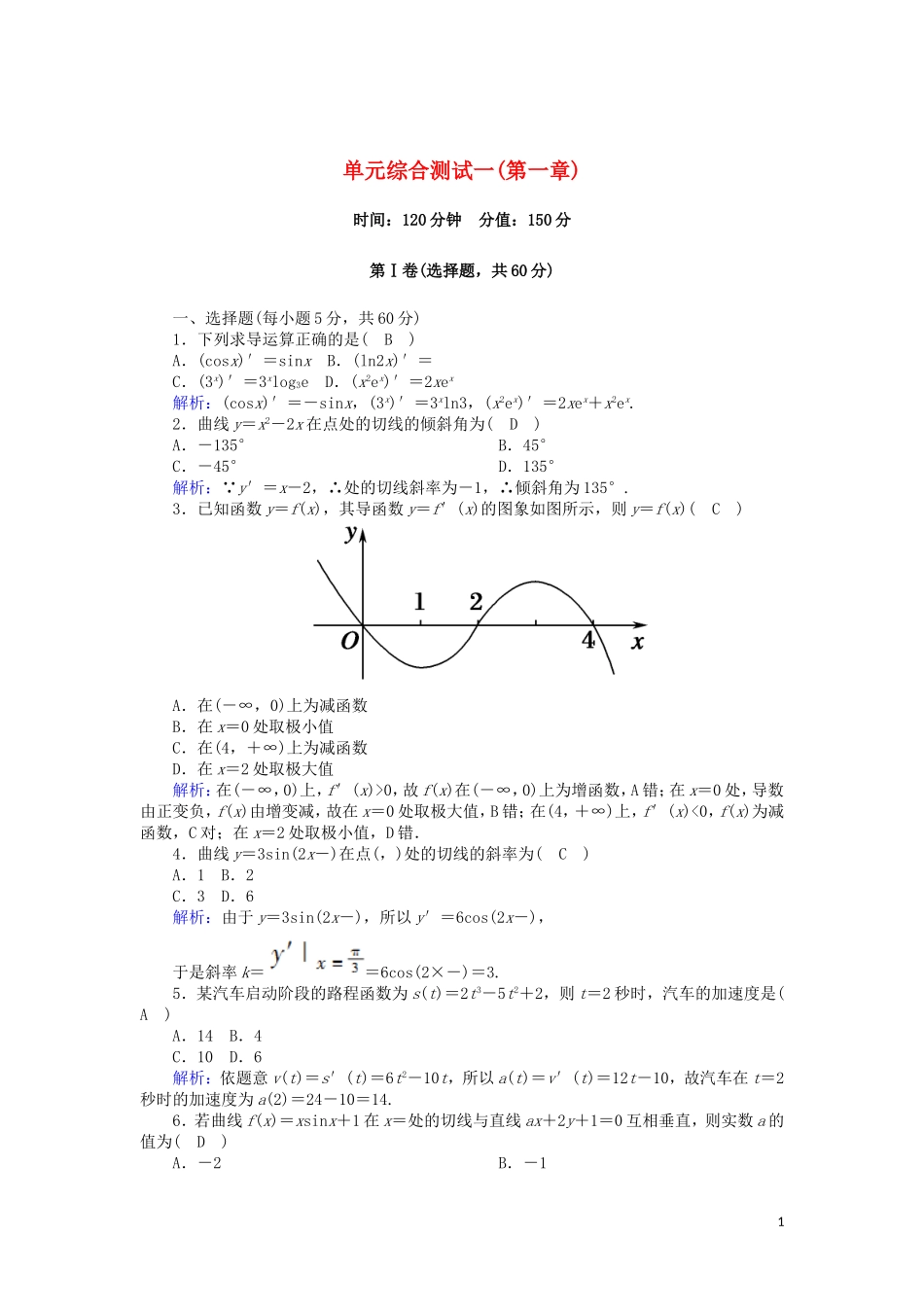 高中数学 第一章 导数及其应用单元综合测试（含解析）新人教A版选修2-2-新人教A版高二选修2-2数学试题_第1页