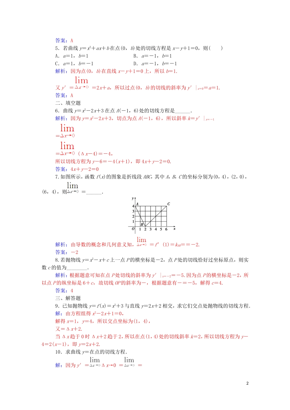 高中数学 第一章 导数及其应用 1.1 变化率与导数 1.1.3 导数的几何意义达标练习（含解析）新人教A版选修2-2-新人教A版高二选修2-2数学试题_第2页
