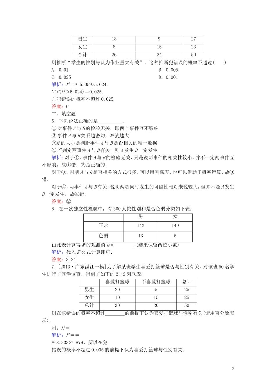 高中数学 第一章 统计案例 1.2 独立性检验的基本思想及其初步应用课时作业（含解析）新人教A版选修1-2-新人教A版高二选修1-2数学试题_第2页