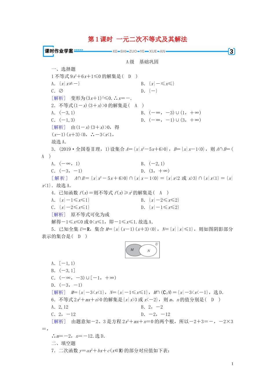高中数学 第3章 不等式 3.2 一元二次不等式及其解法 第1课时 一元二次不等式及其解法课时作业案 新人教A版必修5-新人教A版高二必修5数学试题_第1页