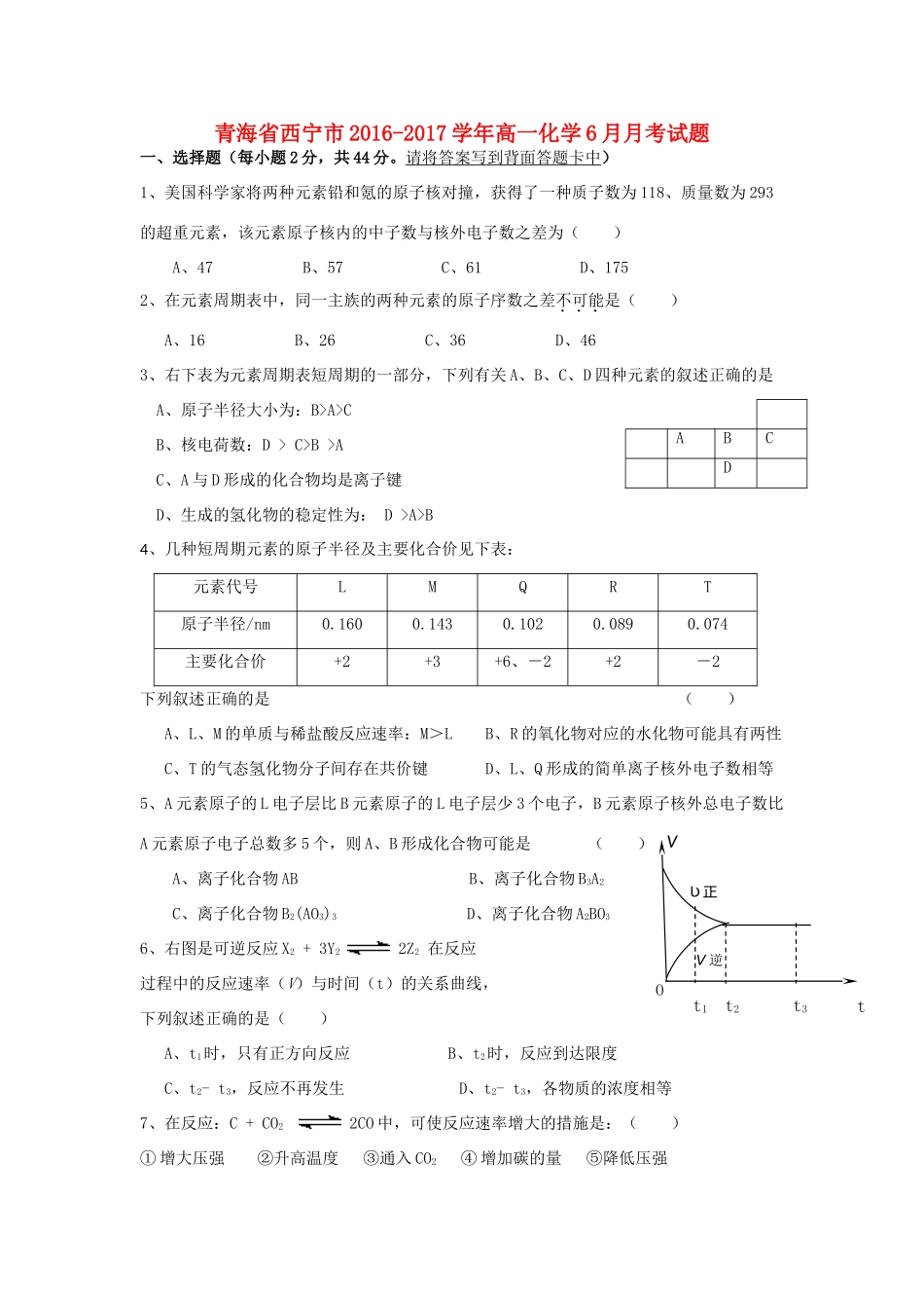 青海省西宁市高一化学6月月考试题-人教版高一全册化学试题_第1页