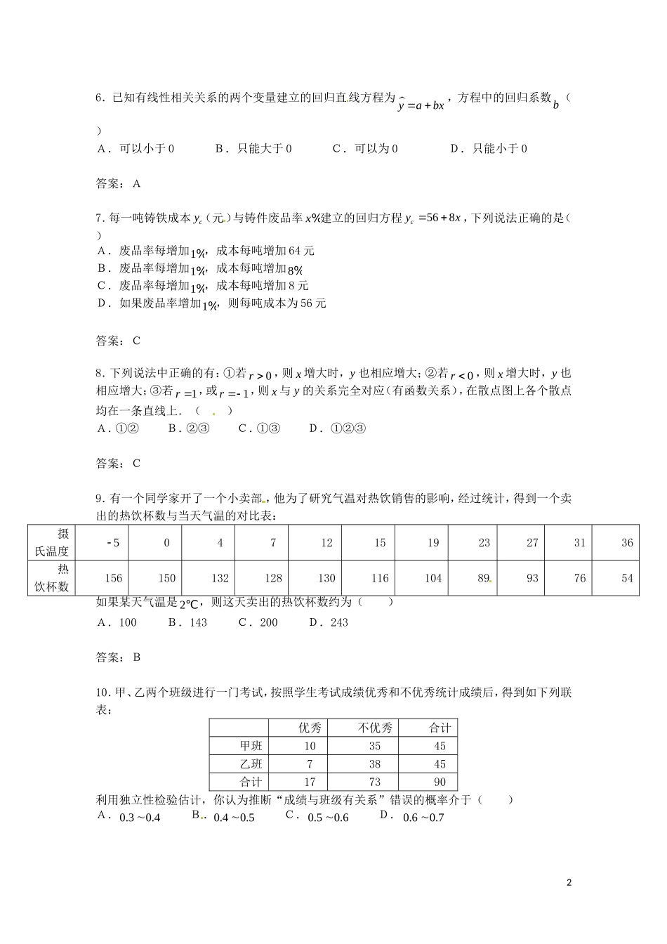 高中数学 第一章《统计案例》测试（1）（新人教A版选修1-2）_第2页