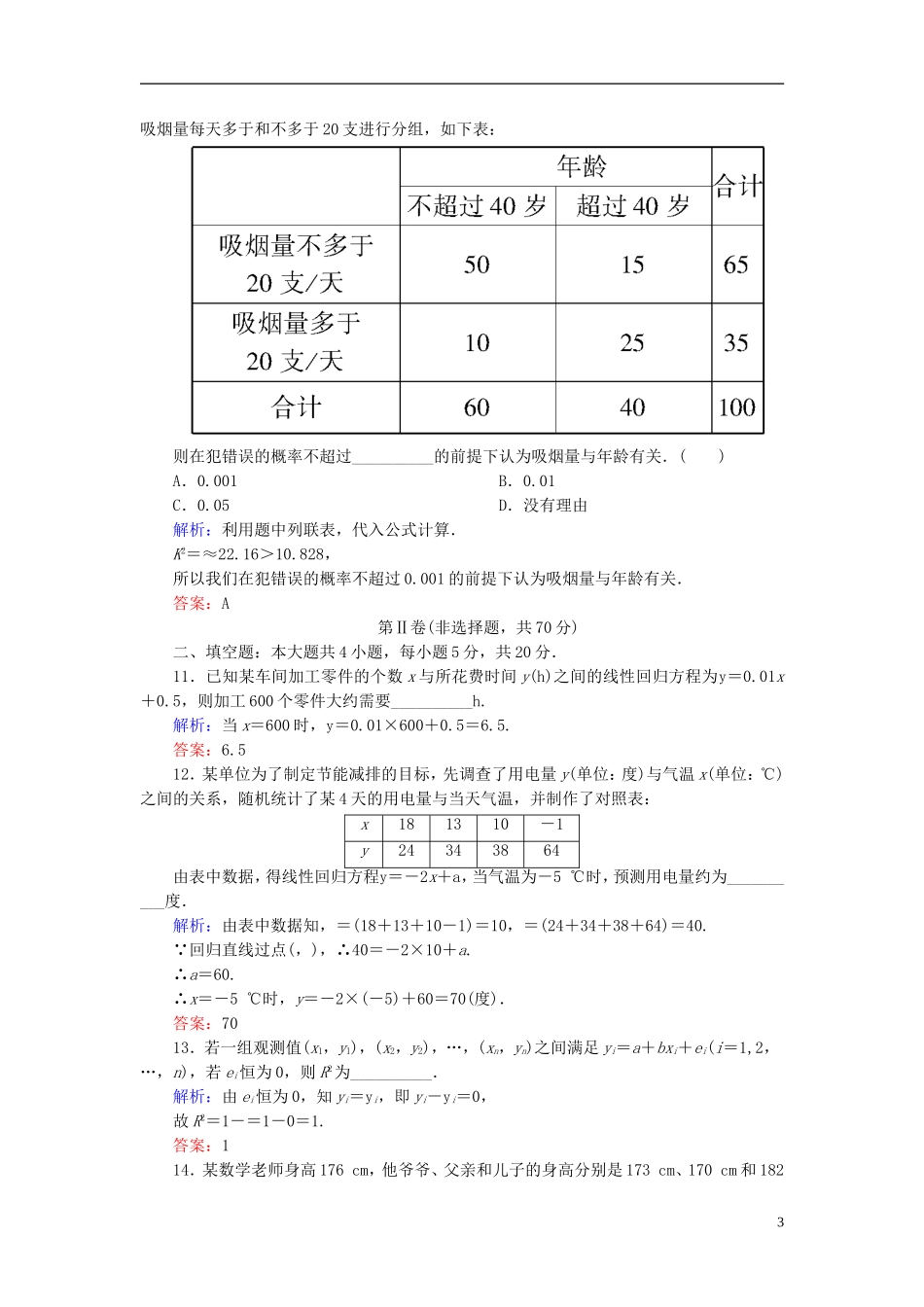 高中数学 第三章 统计案例单元测评1（含解析）新人教A版选修2-3-新人教A版高二选修2-3数学试题_第3页