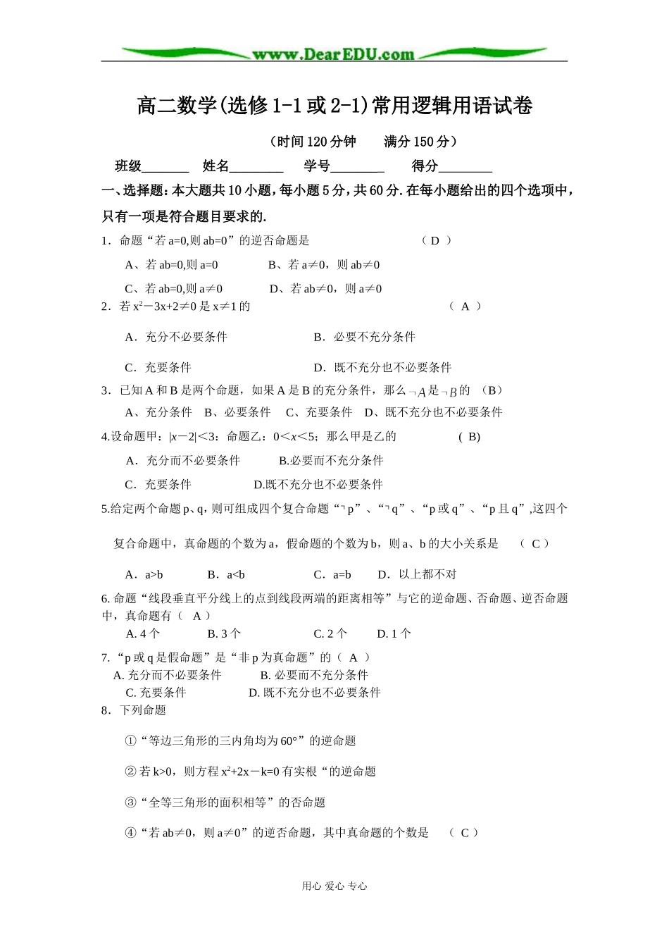 苏教版 高二数学选修1-1或2-1常用逻辑用语试卷_第1页